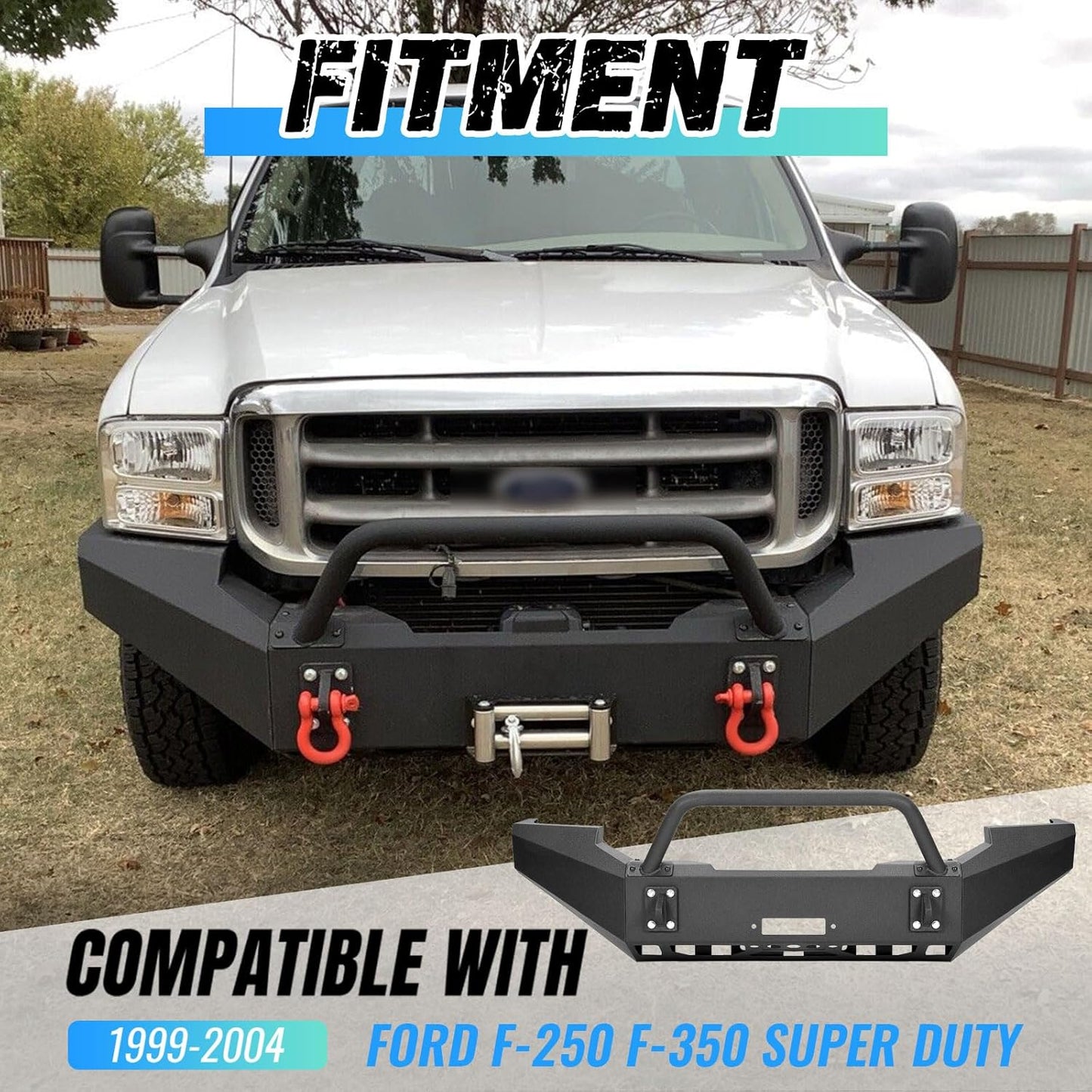 Front Bumper Assembly Compatible with 1999-2004 Ford F250 F350 F-250 F-350 Super Duty Steel Powder Coated w/Winch Plate Two Packages LYAM-X1255A+LYAM-X1255B