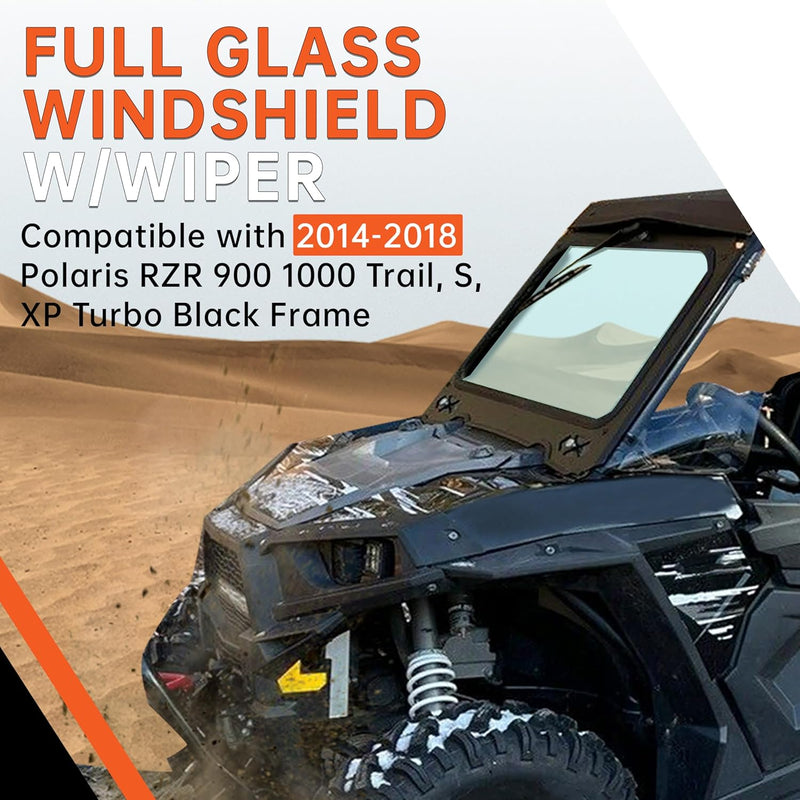 Full Vented Glass Windshield W/Wiper Compatible with 2014-2018 Polaris RZR 900 1000 Trail, S, XP Turbo Black Frame LYPS-042