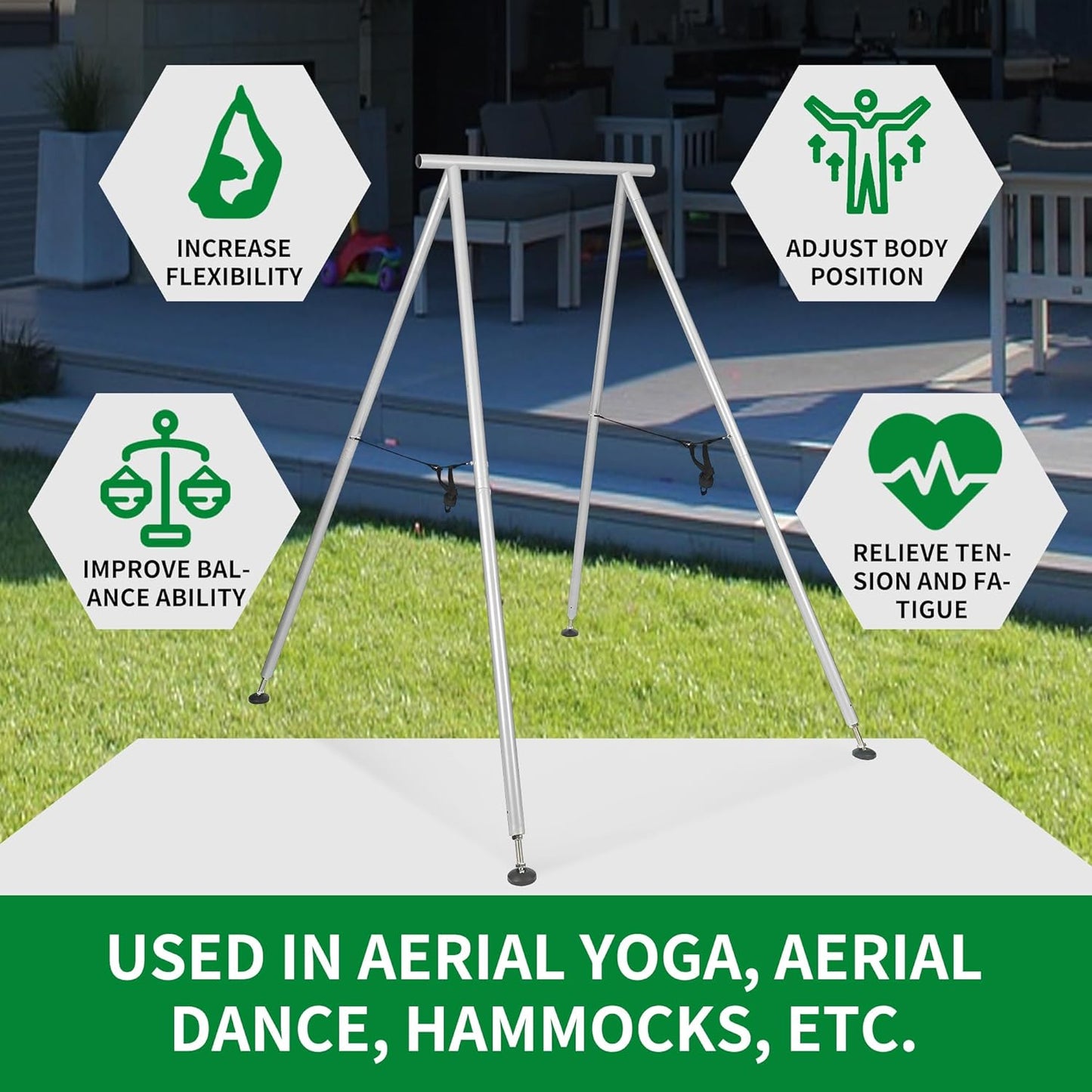 9.6 FT Portable Stand Yoga Swing Stand 551 LBS Aerial Yoga Frame Yoga Sling Inversion Equipment Steel Silvery for Indoor and Outdoor Triangle Structure LYOM-120T-1