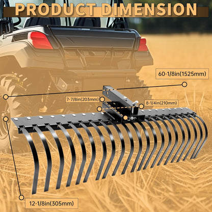 60 Inch Landscape Rake Pine Straw Rake Tractors Rake Fit for 2 Inch Receiver ATV UTV SxS Features 48inches or 60inches Accessory Tool Bar & 3 Point Hitch System Powder Coated Steel LYOM-003