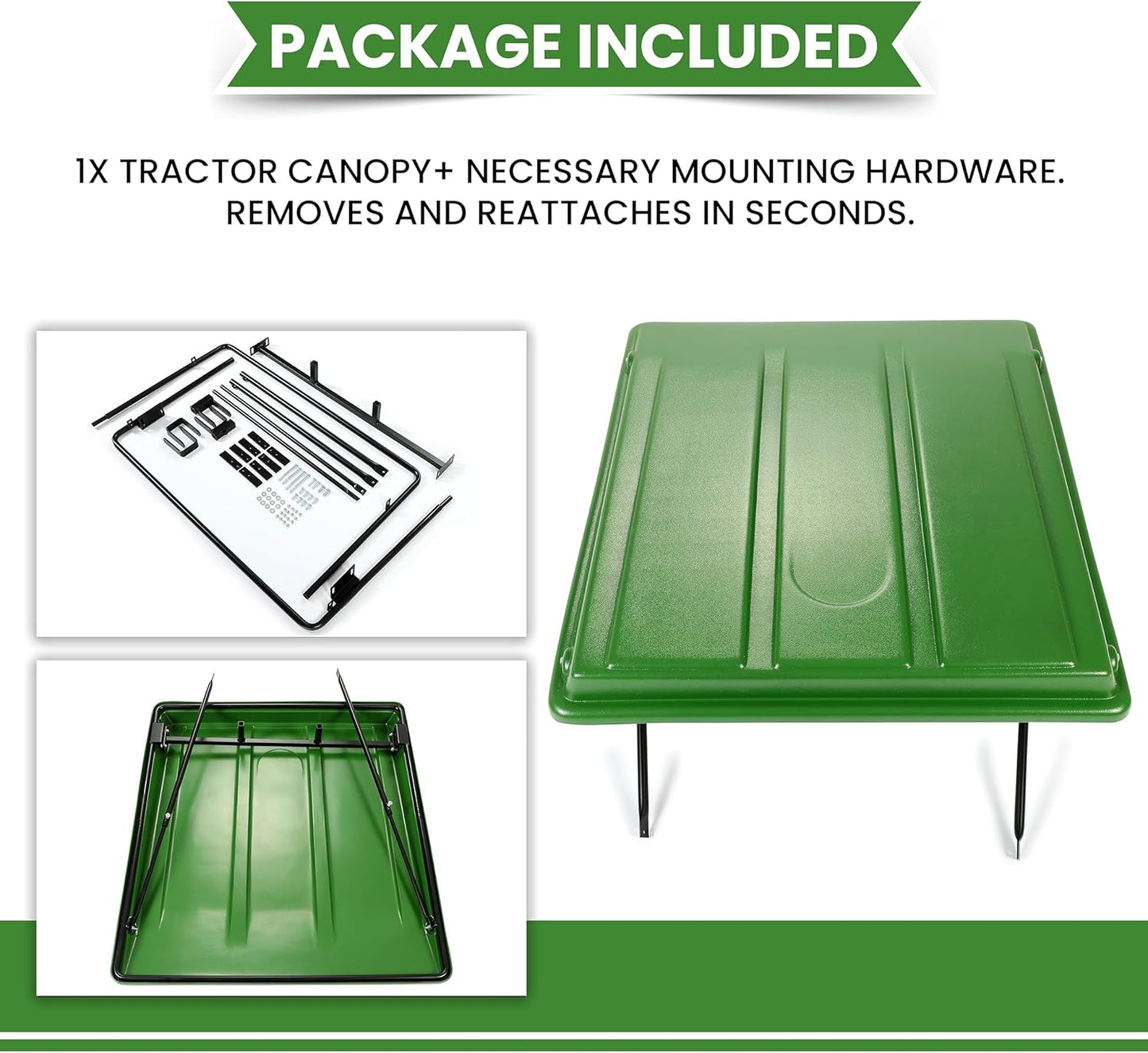 Green Tractor Canopy Compatible with John Deere Compact Utility Tractors with rops 34inches Wide or Less. Fit 1 1/2inches x 3inches, 2inches x 2inches or 2inches x 3inches ROPS Sun Shade Canopy with Bracket 35inches W x 40inches L LYJD-018S-2