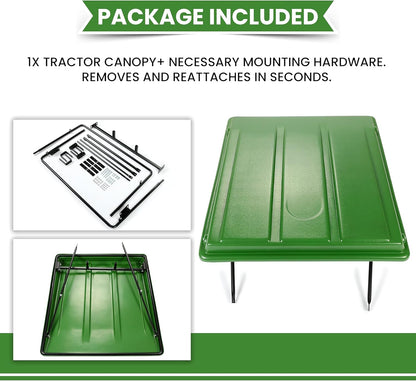 Green Tractor Canopy Compatible with John Deere Compact Utility Tractors with rops 34inches Wide or Less. Fit 1 1/2inches x 3inches, 2inches x 2inches or 2inches x 3inches ROPS Sun Shade Canopy with Bracket 35inches W x 40inches L LYJD-018S-2