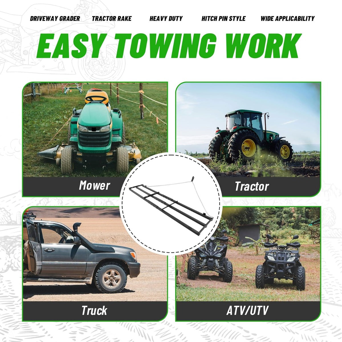 8FT Drag Harrow Driveway Grader Heavy Duty Tow Behind Drag Lawn Leveling Rake for UTV ATV Tractor Mower Land Leveler Lawn Leveling Rake W/ 6FT Chain (Black)