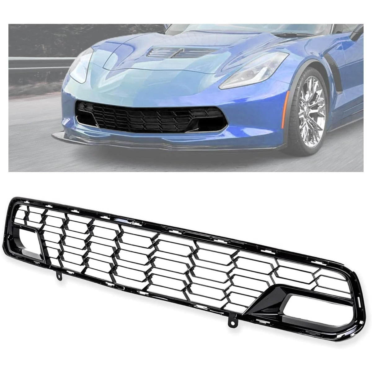 Front Bumper Lower Grille Compatible with 2014-2019 Chevrolet Corvette C7 All Models Z06 Style w/o Front Camera Bracket Painted Glossy Black
