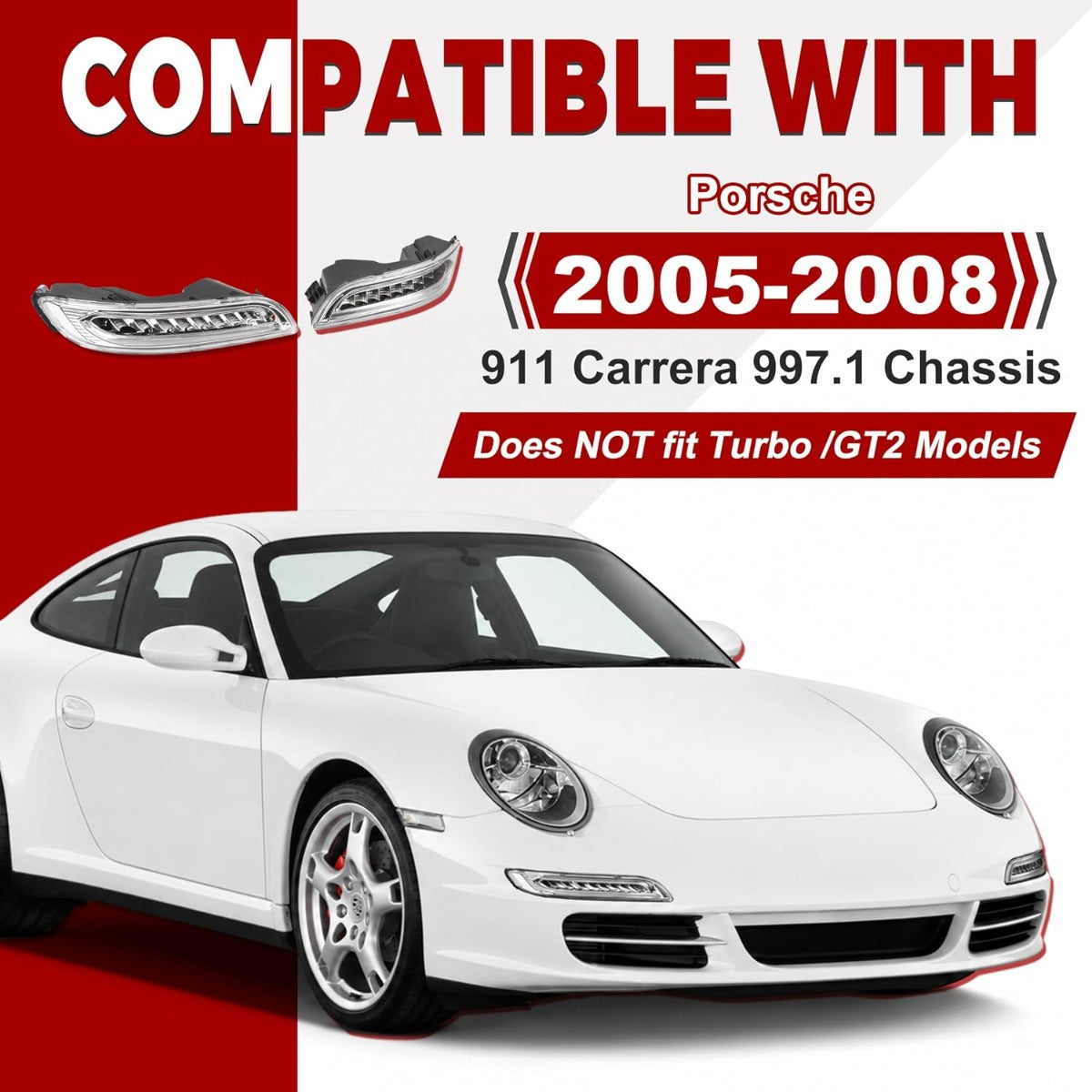 HECASA Pair LED Fog DRL Signal Light Compatible with 2005-2008 Porsche 911 Carrera 997.1 Chassis Front Bumper Turn Signal Light Lamp Clear Lens Left & Right Side