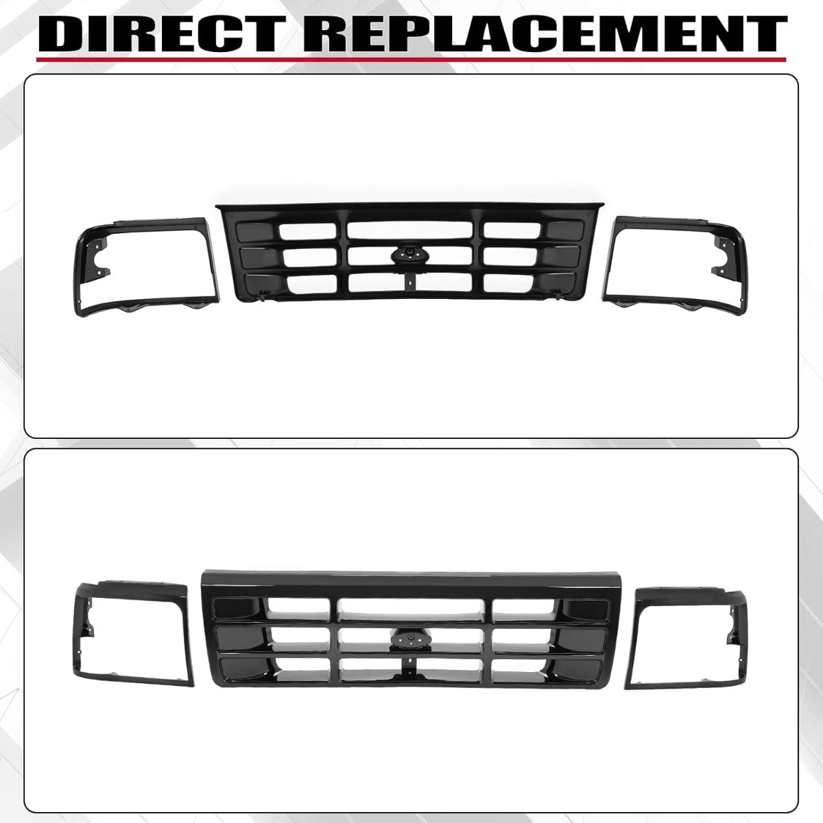Front Grille & Headlight Bezel Compatible with 1992-1997 Ford Bronco F-150 F-250 HD F-350 Replacement for FO1200172 FO2512131 FO2513135 Painted Black