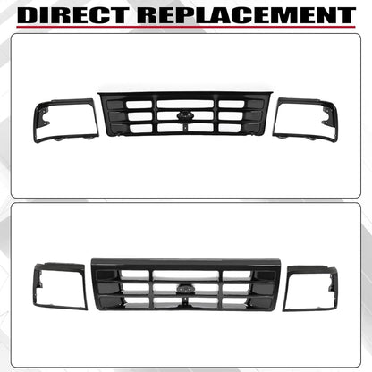Front Grille & Headlight Bezel Compatible with 1992-1997 Ford Bronco F-150 F-250 HD F-350 Replacement for FO1200172 FO2512131 FO2513135 Painted Black