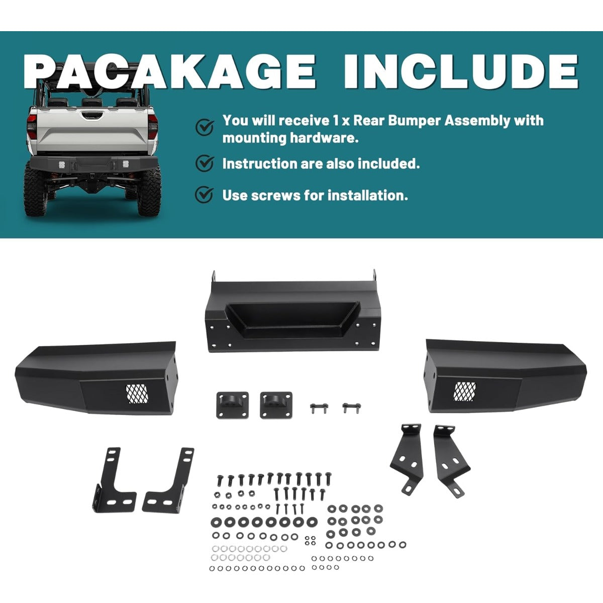 Rear Bumper W/D-Ring Base Heavy Duty Compatible with Polaris Ranger 1000/XP 1000/Crew 1000 2018-2025 Pre-drilled for Lights Protect Rear End Power Coated