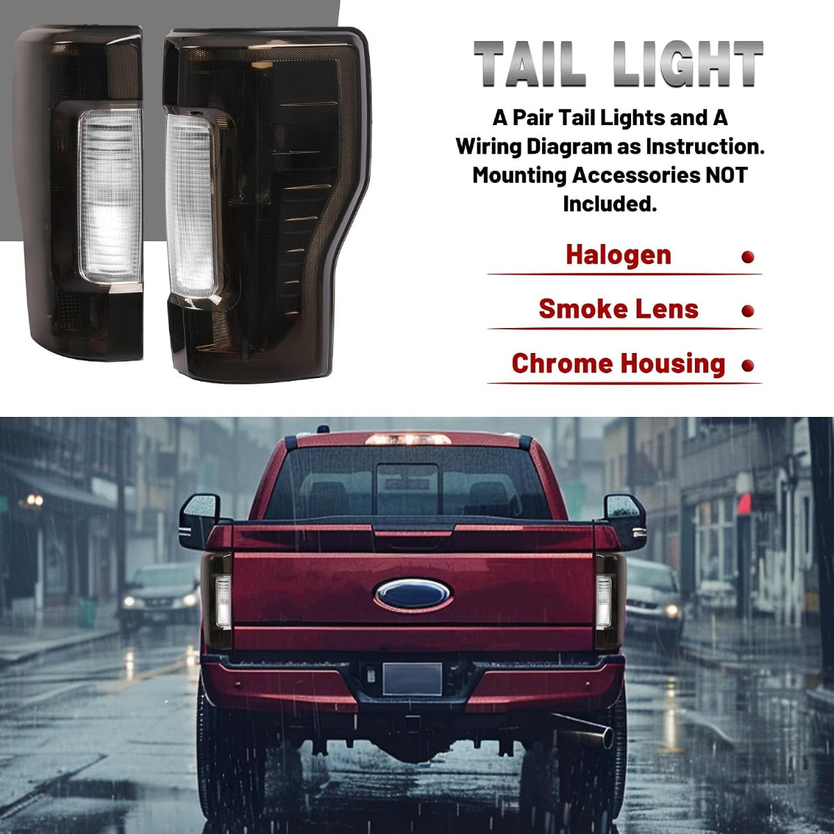 HECASA Pair Tail Light Compatible with 2017-2019 Ford F250 F350 F450 Super Duty Pickup Truck Replacement for FO2800256 FO2801256 Tail Rear Lamp w/o Blind Spot Smoke Lens Chrome Housing LH&RH