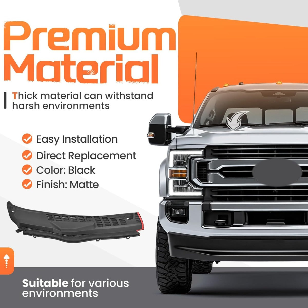 Windshield Wiper Cowl Panel Grille Compatible with 2017-2022 Ford F-250 F-350 F-450 F-550 Super Duty Replacement for HC3Z-25022A68-AA HC3Z-25022A68-AB Front Window Cover Insert Panel Right