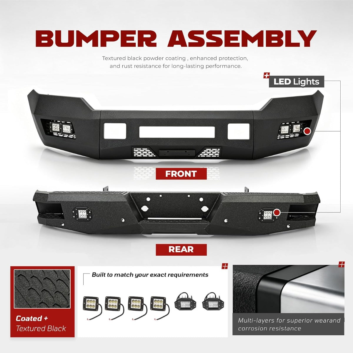 ALMULOO Front & Rear Bumper Compatible With 2011-2016 Ford F250 F350 with 6 LED Lights Bumper Assembly Black Steel Powder Coated