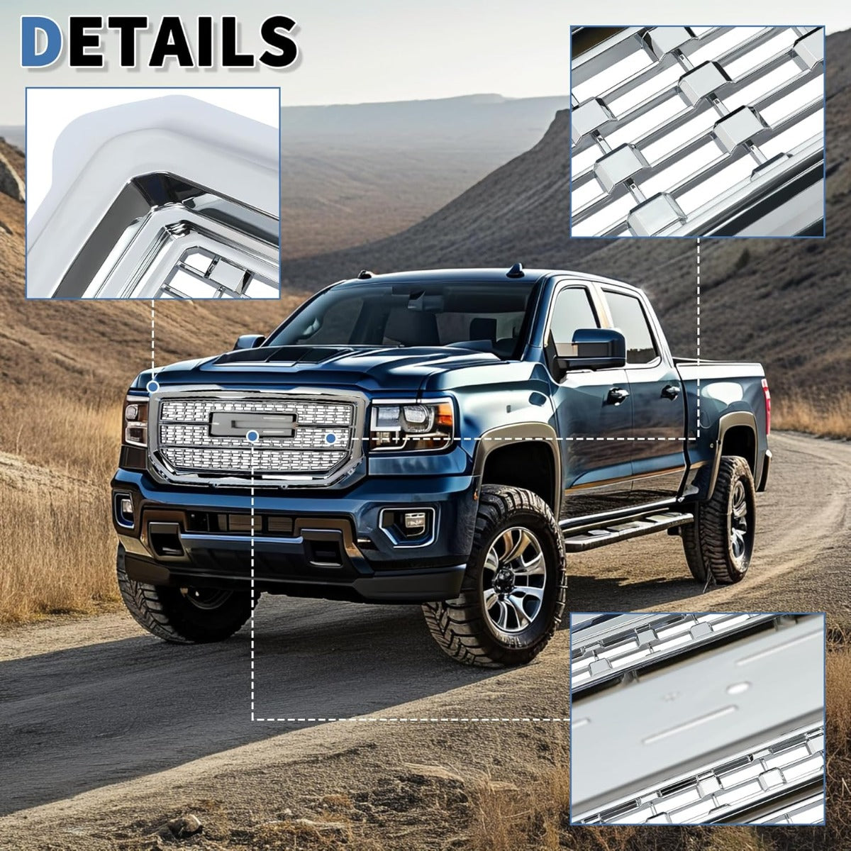 Front Upper Grille Compatible with 2016-2018 GMC Sierra 1500 Base SLE SLT Denali Style Chrome Bumper Hood Grill Silvery