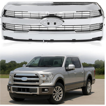 Front Bumper Grille Compatible with 2015-2017 Ford F150 F-150 Replacement for FL3Z-8200-MA FL3Z8200MA w/o Camera Chrome Upper Hood Mesh Grill ABS Plastic
