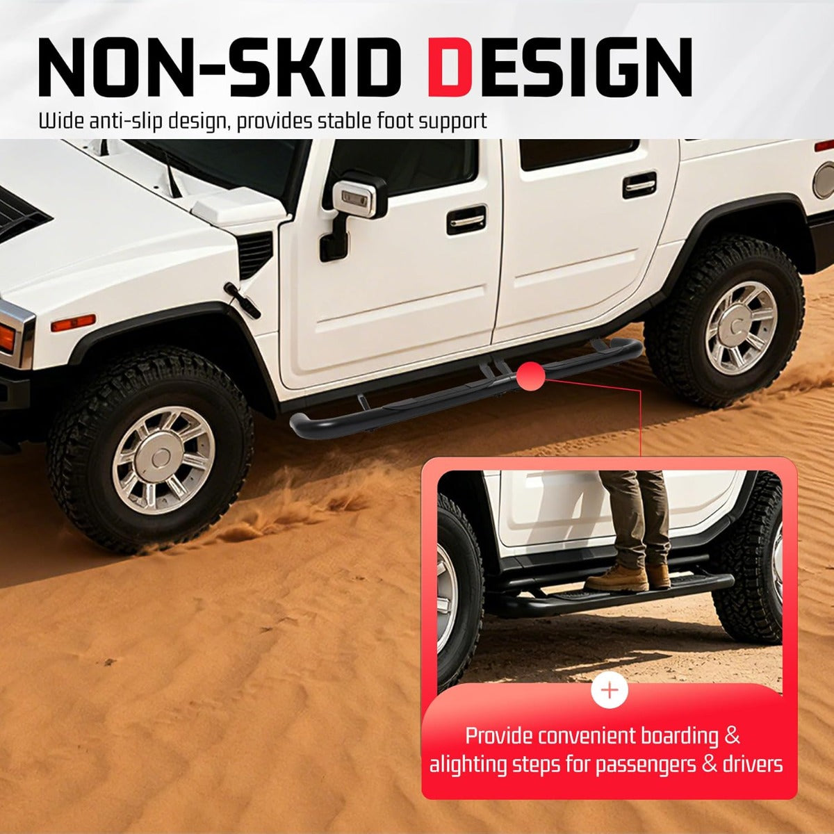ALMULOO Side Step Compatible with 2003-2010 Hummer H2 / H2 SUT | Running Boards Step Bars Steel+409 Stainless Steel+Plastic Powder Coated Black