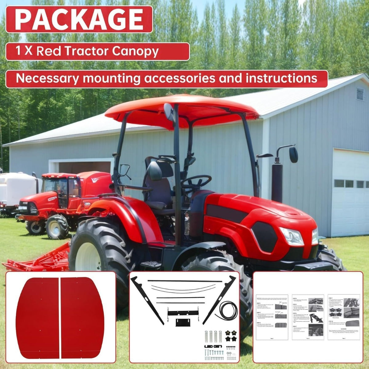 Red Canopy Compatible With All ROPS 48-3/8 Inches X 48-3/8 Inches Equipped Tractors and Mowers With 2 Inches x 2 Inches or 2 Inches x 3 Inches ROPS (Adds About 4 Inches to Tractor Height) LYJD-031S-3