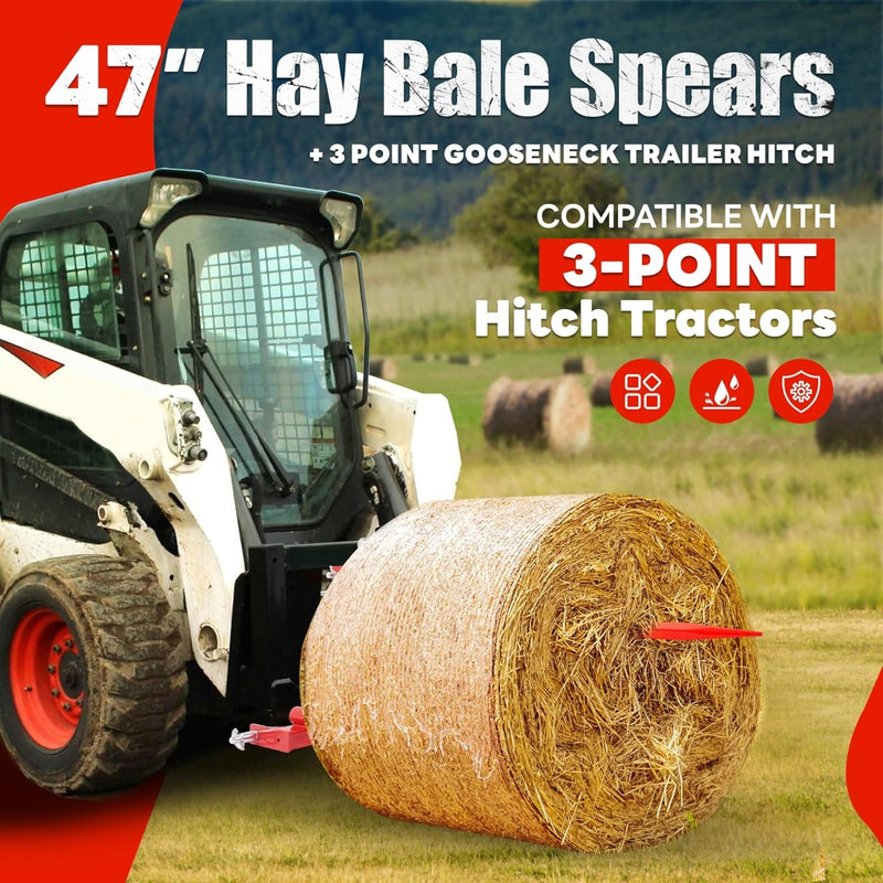 47" Hay Bale Spear Compatible with Kubota Bobcat Buckets Tractors Loaders, Square Bale Quick Attach Hay Spike Forks Steel Powder Coated 1PCS -Red