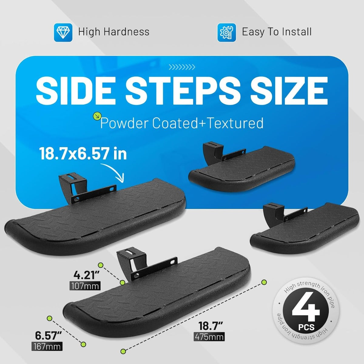Rugged Side Steps Compatible with 2007-2018 Jeep Wrangler JK Unlimited JKU 4-Door Running Boards, High-Strength Steel Step Bars, Powder-Coated & Textured, 4-Piece Set