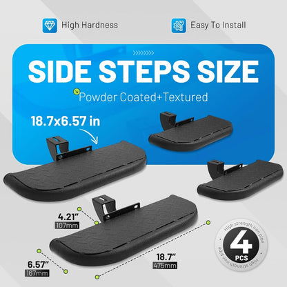 Rugged Side Steps Compatible with 2007-2018 Jeep Wrangler JK Unlimited JKU 4-Door Running Boards, High-Strength Steel Step Bars, Powder-Coated & Textured, 4-Piece Set