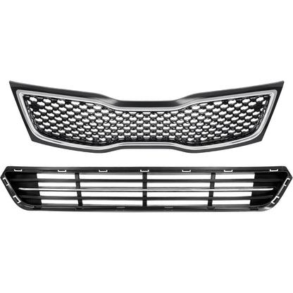 Upper + Lower Grille + Fog Light W/Accessories Compatible with 2014-2015 Kia Optima Bumper Grill and Fog Light Assembly W/Fog Light Bezel+Fog Light Trim+Front Bumper Lip+Grille Trim