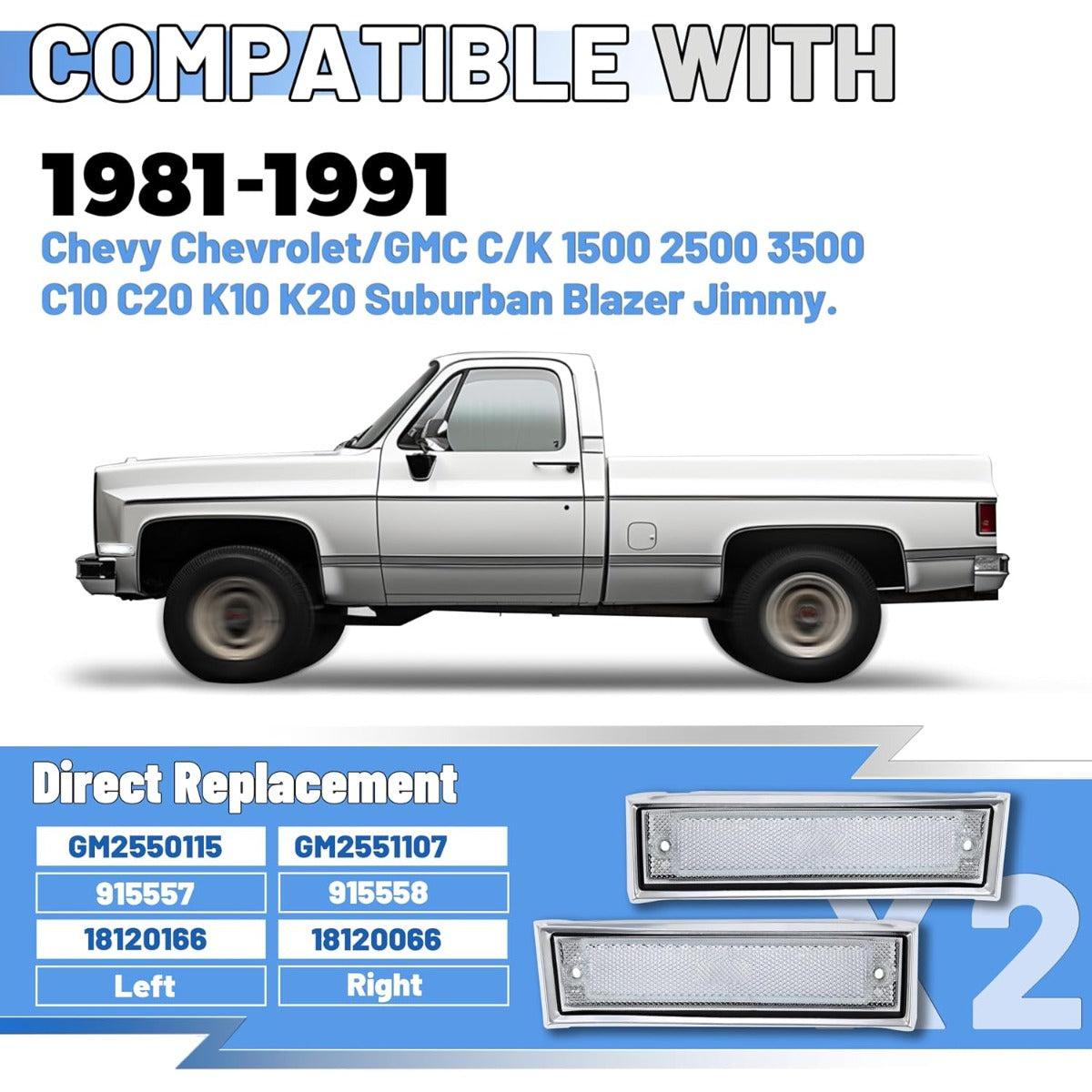 KUAFU Front Fender Side Marker Light Compatible with 1981-1991 Chevy/GMC C/K Series/Suburban/Blazer/Jimmy Replace for GM2551107 GM2550115 915558 915557 18120166 18120066 Bumper Side Lamp Clear Lens