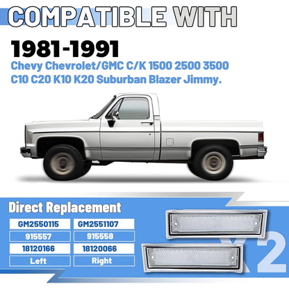 KUAFU Front Fender Side Marker Light Compatible with 1981-1991 Chevy/GMC C/K Series/Suburban/Blazer/Jimmy Replace for GM2551107 GM2550115 915558 915557 18120166 18120066 Bumper Side Lamp Clear Lens
