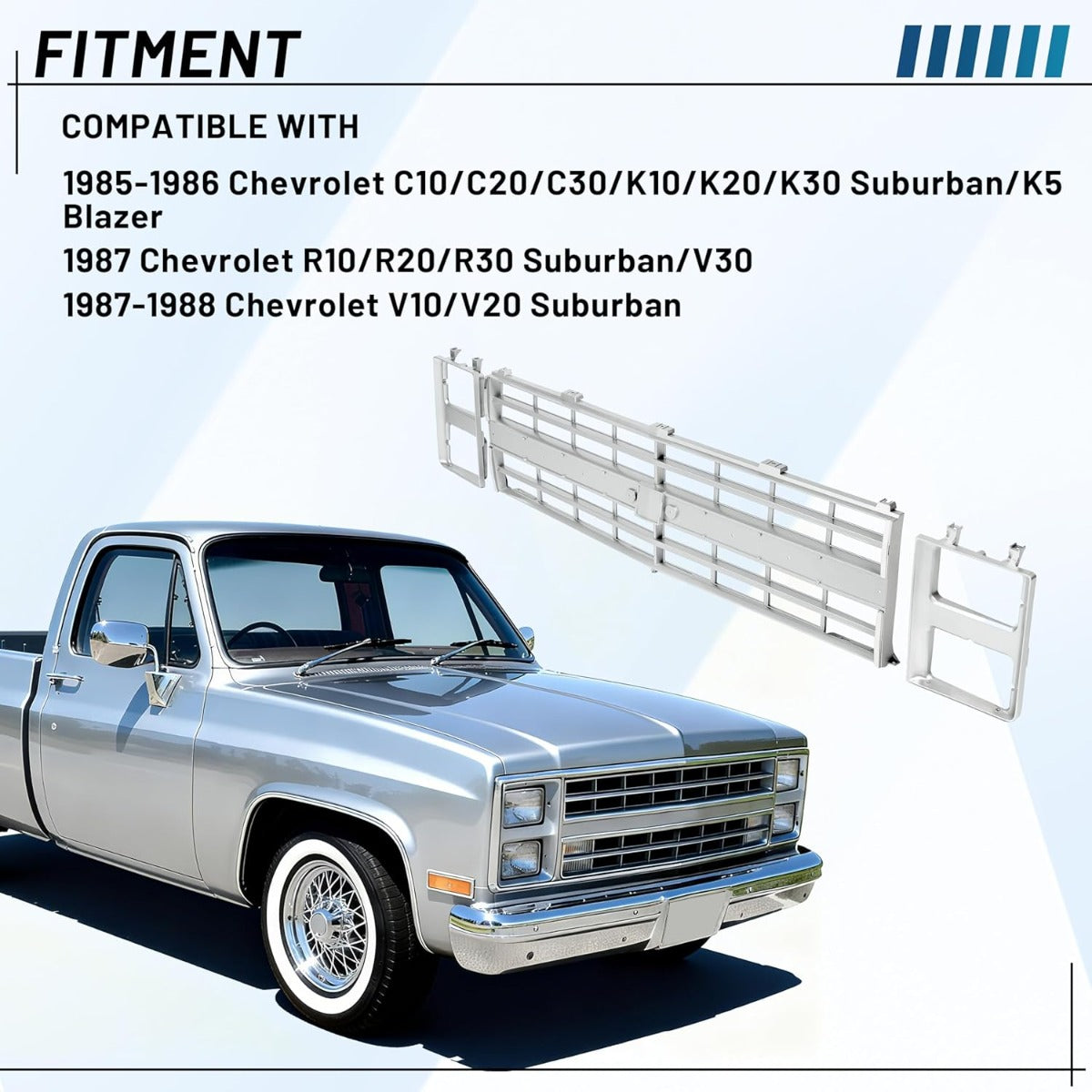 Front Grille Grill & Headlight Bezel Compatible with 1985-1988 Chevy C10/C20/C30/K5/K10/K20/K30/R10/R20/R30/V10/V20/V30 Blazer Suburban 15598727 15598728 GM1200140 GM2513126 Chrome