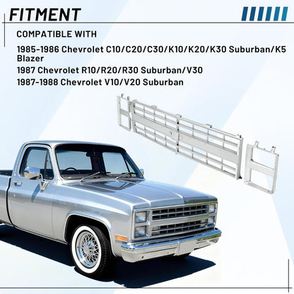 Front Grille Grill & Headlight Bezel Compatible with 1985-1988 Chevy C10/C20/C30/K5/K10/K20/K30/R10/R20/R30/V10/V20/V30 Blazer Suburban 15598727 15598728 GM1200140 GM2513126 Chrome
