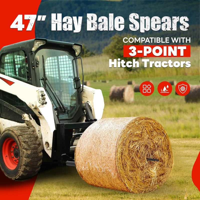 47" 1200 LBS Hay Bale Spear Compatible with Kubota Bobcat Buckets Tractors Loaders Square Bale Hay Spike Forks Steel Powder Coated-Black 1PCS