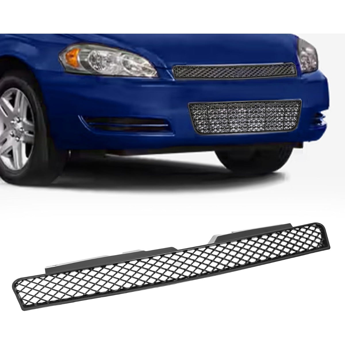 Front Bumper Upper + Lower Grille Compatible with 2006-2013 Chevy Impala 2014-2016 Chevrolet Impala Limited Replacement for GM1200551 Hood Black Mesh Grill Insert Guard Plastic(ABS+PP)