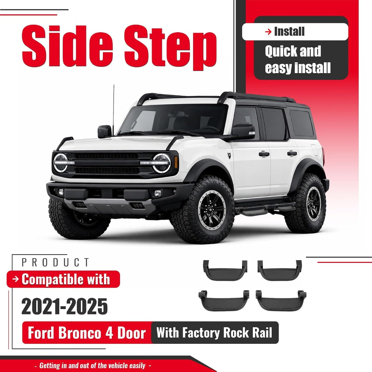 Running Boards Side Steps Compatible with 2021-2025 Ford Bronco 4 Door Steel Powder Coated Black 4Pcs Side Bars Step Plates