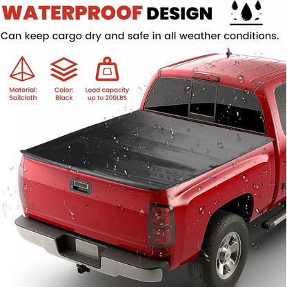 Roll-up Soft Truck Tonneau Cover Compatible with 2007-2014 Chevy Silverado 1500/ 2500HD/ 3500HD GMC Sierra with 6.5' Bed Black Sailcloth Fold Fits Fleetside/Styleside Models Only