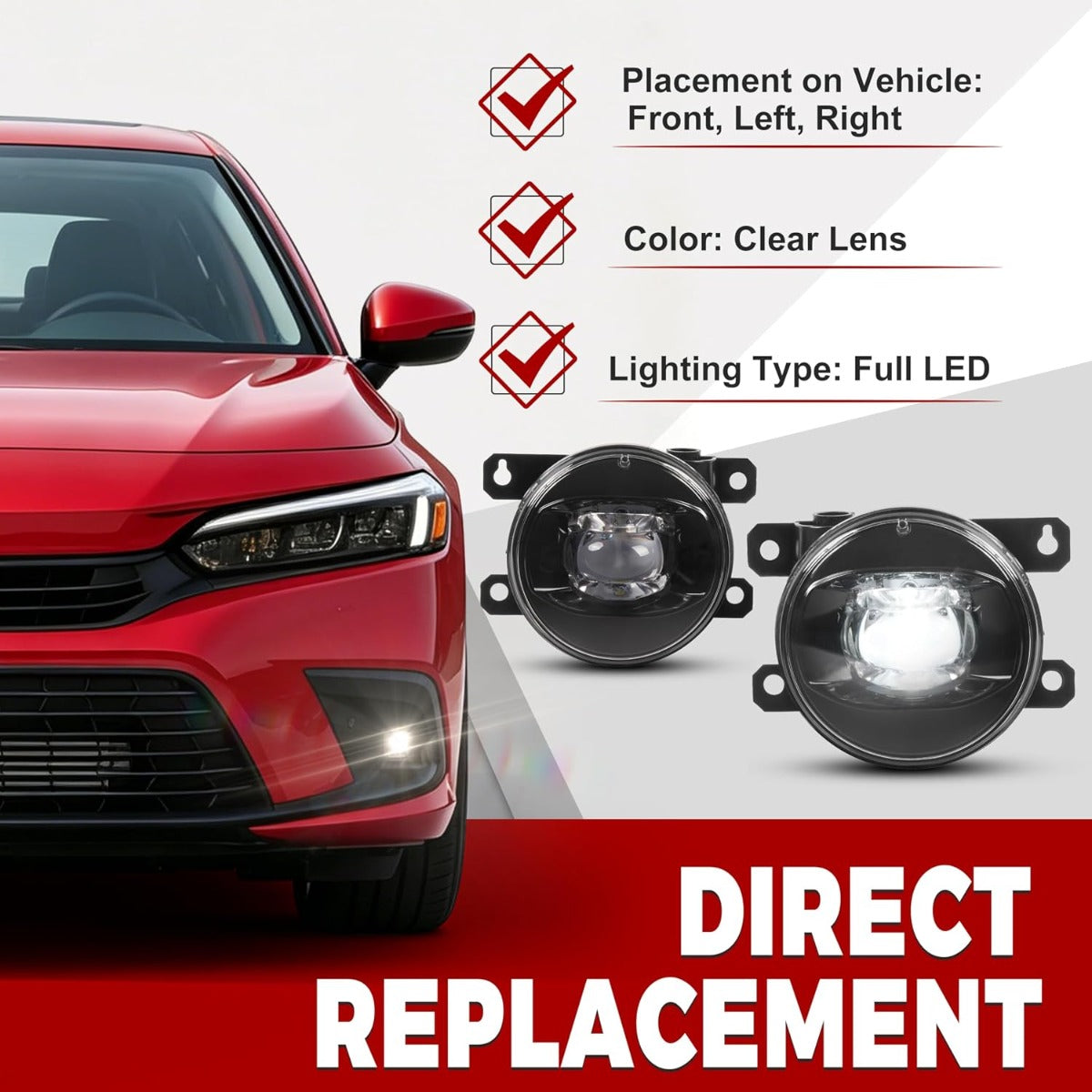 HECASA Pair LED Fog Lights w/Switch Wiring Harness Compatible with 2022-2024 Honda Civic Replacement for HO2593149 HO2592149 Front Bumper Fog Lamp Kit Clear Lens Driver&Passenger Side