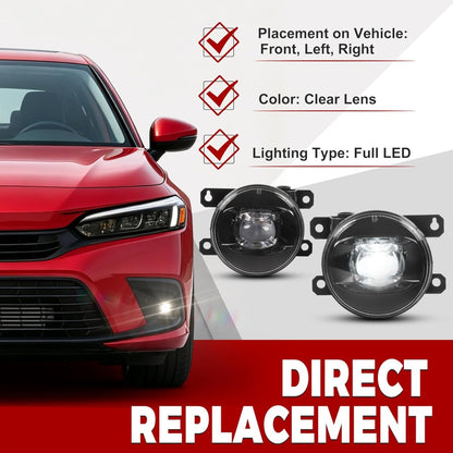 HECASA Pair LED Fog Lights w/Switch Wiring Harness Compatible with 2022-2024 Honda Civic Replacement for HO2593149 HO2592149 Front Bumper Fog Lamp Kit Clear Lens Driver&Passenger Side