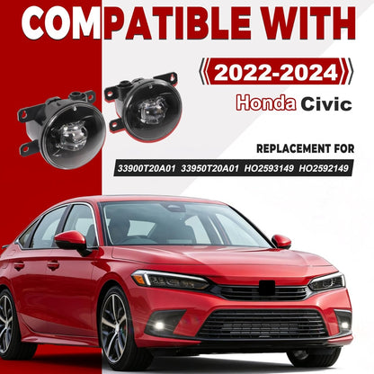 HECASA Pair LED Fog Lights w/Switch Wiring Harness Compatible with 2022-2024 Honda Civic Replacement for HO2593149 HO2592149 Front Bumper Fog Lamp Kit Clear Lens Driver&Passenger Side