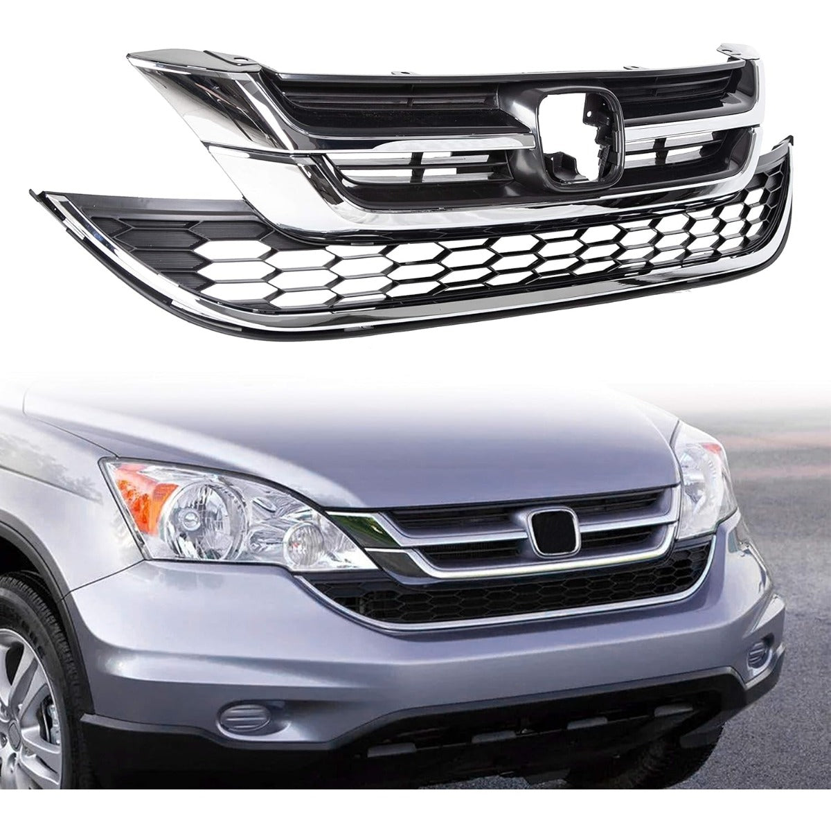 Front Upper Bumper Hood Grill & Lower Mesh Chrome Grille Compatible with 2010-2011 Honda CRV CR-V