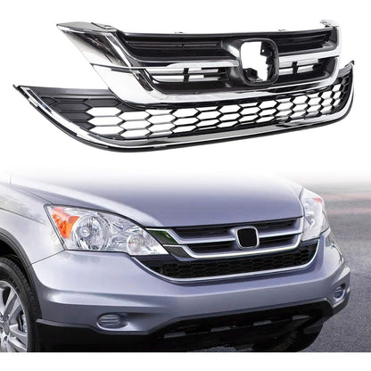 Front Upper Bumper Hood Grill & Lower Mesh Chrome Grille Compatible with 2010-2011 Honda CRV CR-V