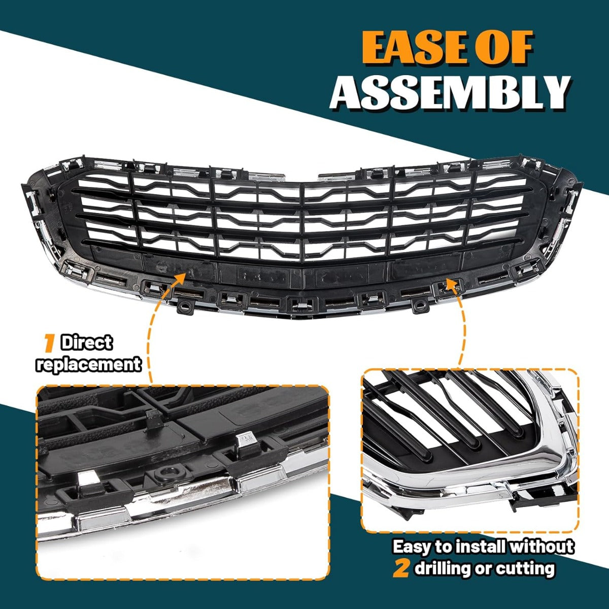 Bumper Center Grille Compatible with 2015 Chevy Cruze 2016 Chevrolet Cruze Limited Front Center Grill Replacement for GM1200728 95405770 Black with Chrome Molding