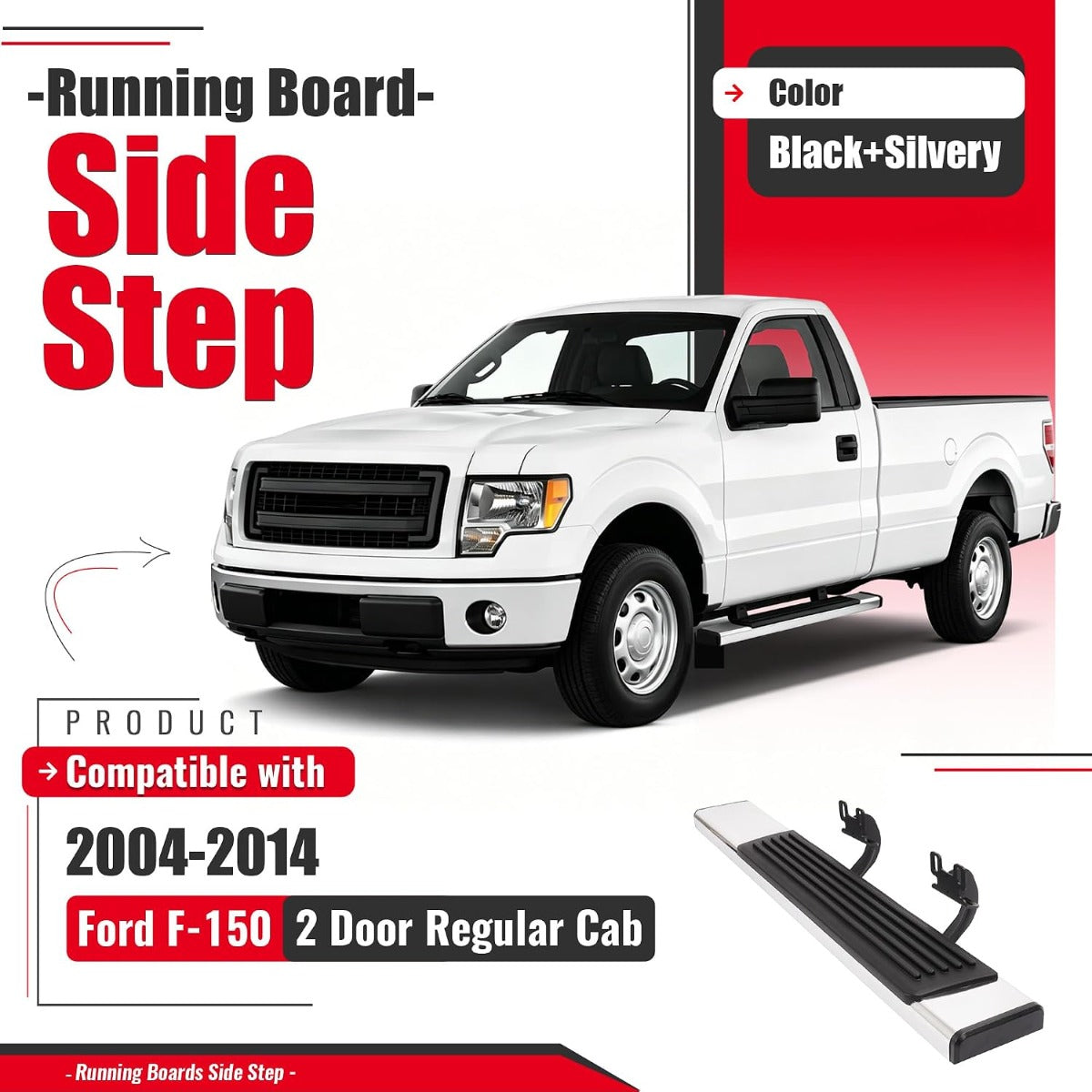 Running Board Side Step Compatible with 2004-2014 Ford F-150 2 Door Regular Cab Step Nerf Bar 304 Stainless Steel+Plastic Powder Coated+Textured Black+Silvery
