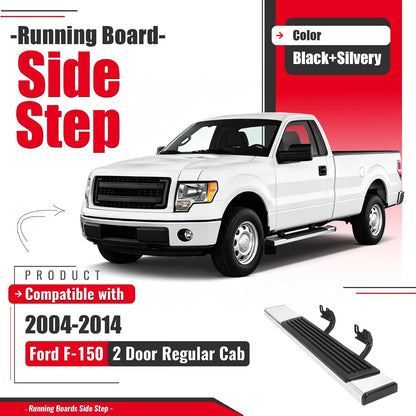 Running Board Side Step Compatible with 2004-2014 Ford F-150 2 Door Regular Cab Step Nerf Bar 304 Stainless Steel+Plastic Powder Coated+Textured Black+Silvery