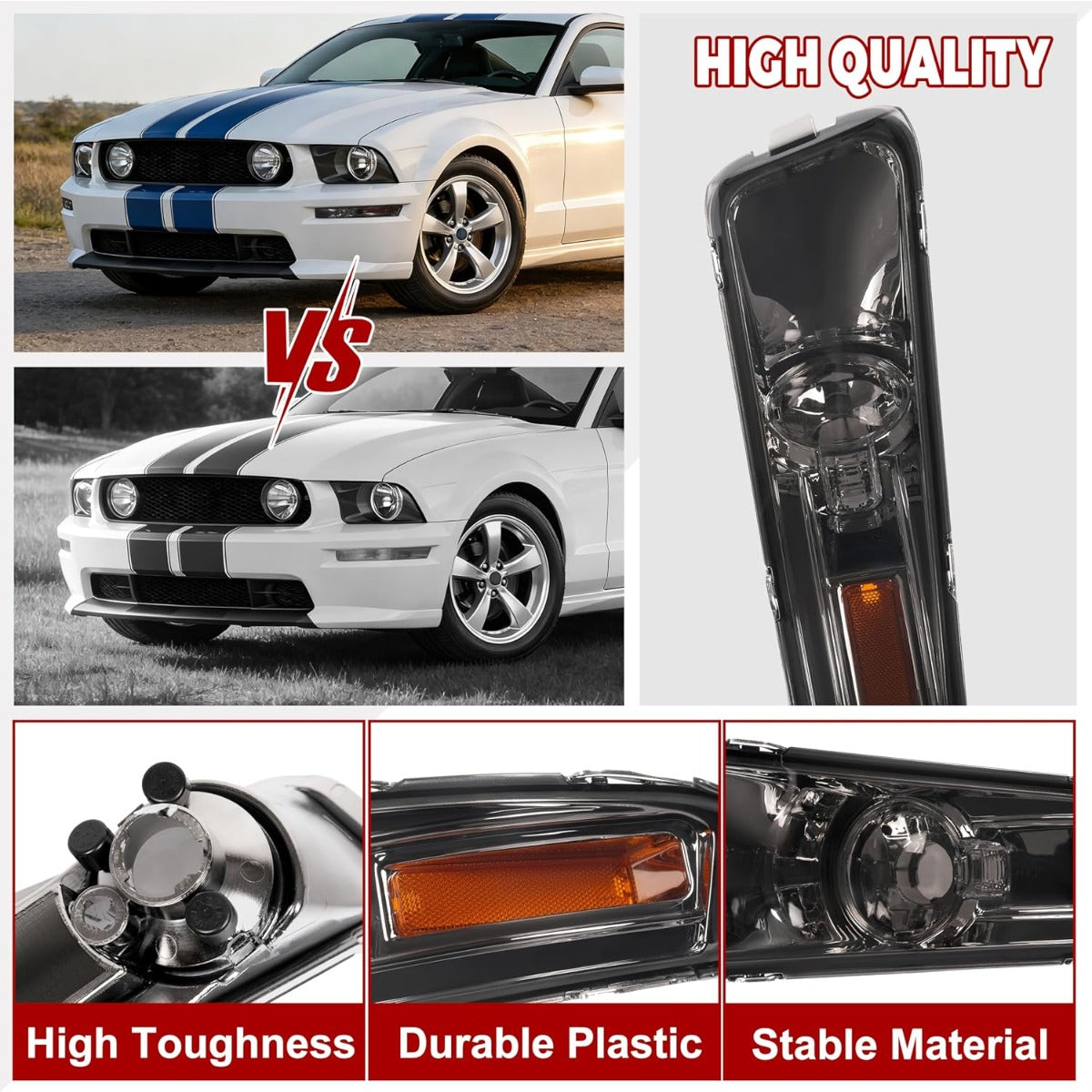 HECASA Pair Turn Signal Lights Compatible with 2005-2009 Ford Mustang Replacement for FO2521180 FO2520180 Front Bumper Lights Side Marker Lamps Plastic Left & Right Side Smoke Lens Chrome Housing