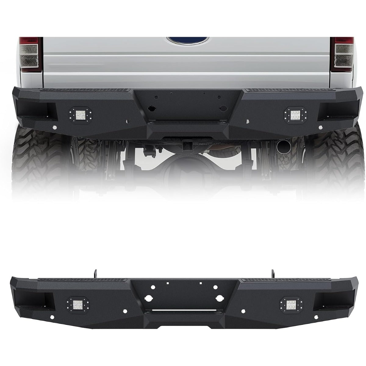 ECOTRIC Offroad Rear Bumper Compatible with 1999-2016 Ford F250 F350 Super Duty, W/2 18W LED Lights Powder Coated Heavy Duty Steel Black