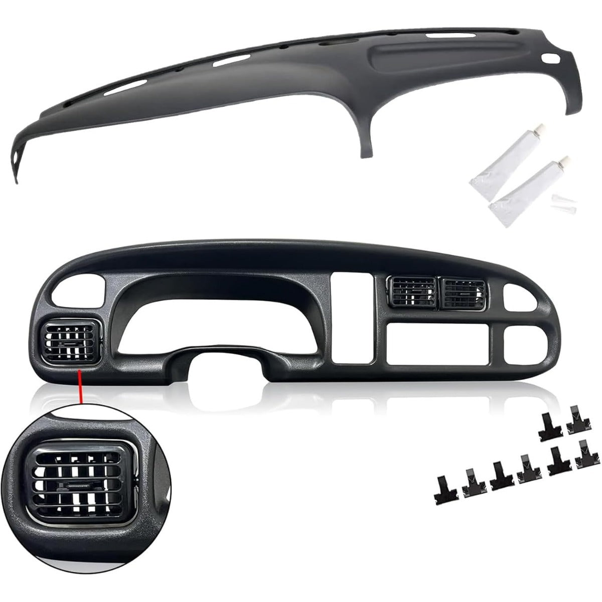 Dash & Bezel Cover Compatible with 1998-2002 Dodge Ram 1500 2500 3500 Trucks Black Dash Pad Cap Bezel W/Vents & Grey Dashboard Overlay Cover Instrument (You Will Receive 2 Packages) LYAP-299S-2+LYAP-267T-2