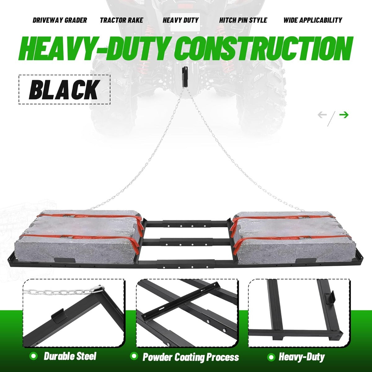 8FT Drag Harrow Driveway Grader Heavy Duty Tow Behind Drag Lawn Leveling Rake for UTV ATV Tractor Mower Land Leveler Lawn Leveling Rake W/ 6FT Chain (Black)