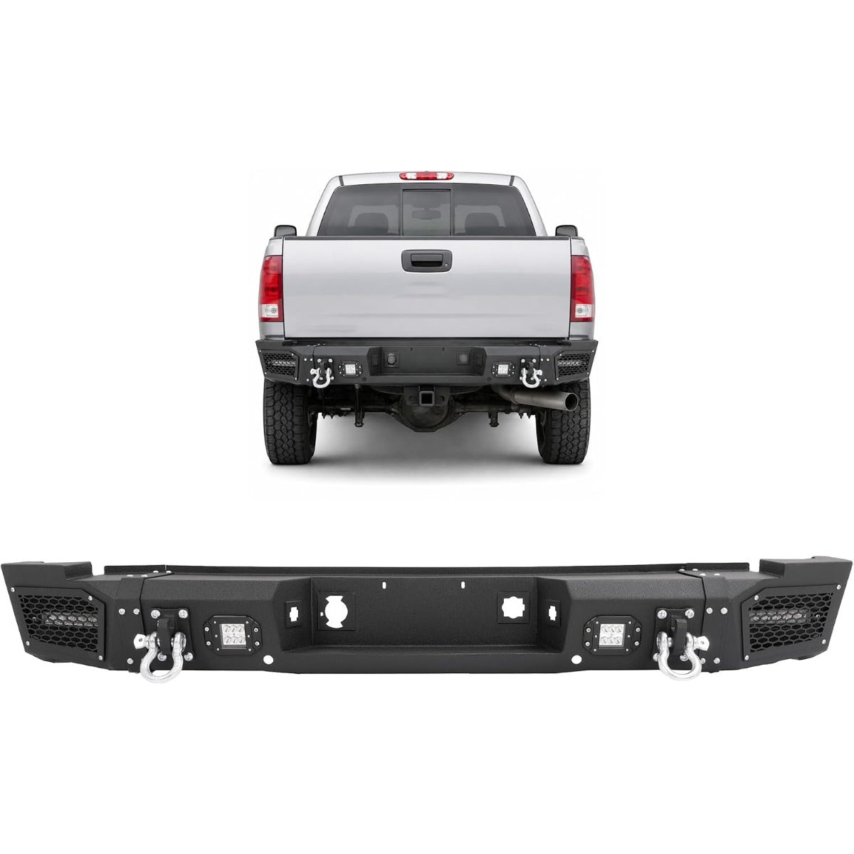 ALMULOO Rear Bumper Assembly Compatible with Chevy/Chevrolet Silverado GMC Sierra 2500 3500 HD 2007-2010 W/ 4 x LED lights, 2 x D-rings Steel 2 Packages