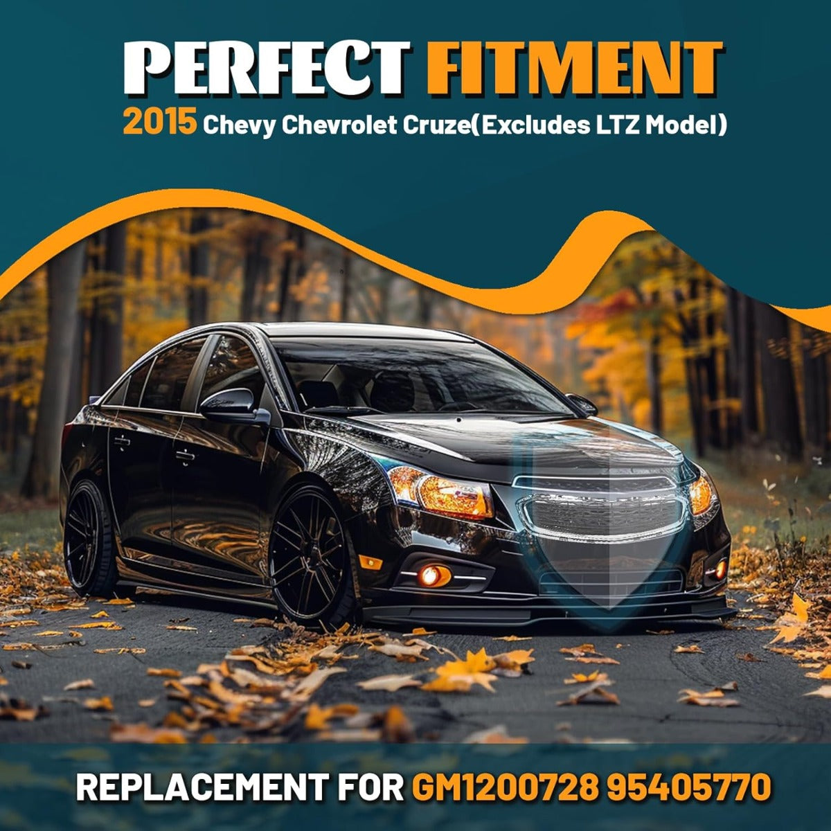Bumper Center Grille Compatible with 2015 Chevy Cruze 2016 Chevrolet Cruze Limited Front Center Grill Replacement for GM1200728 95405770 Black with Chrome Molding