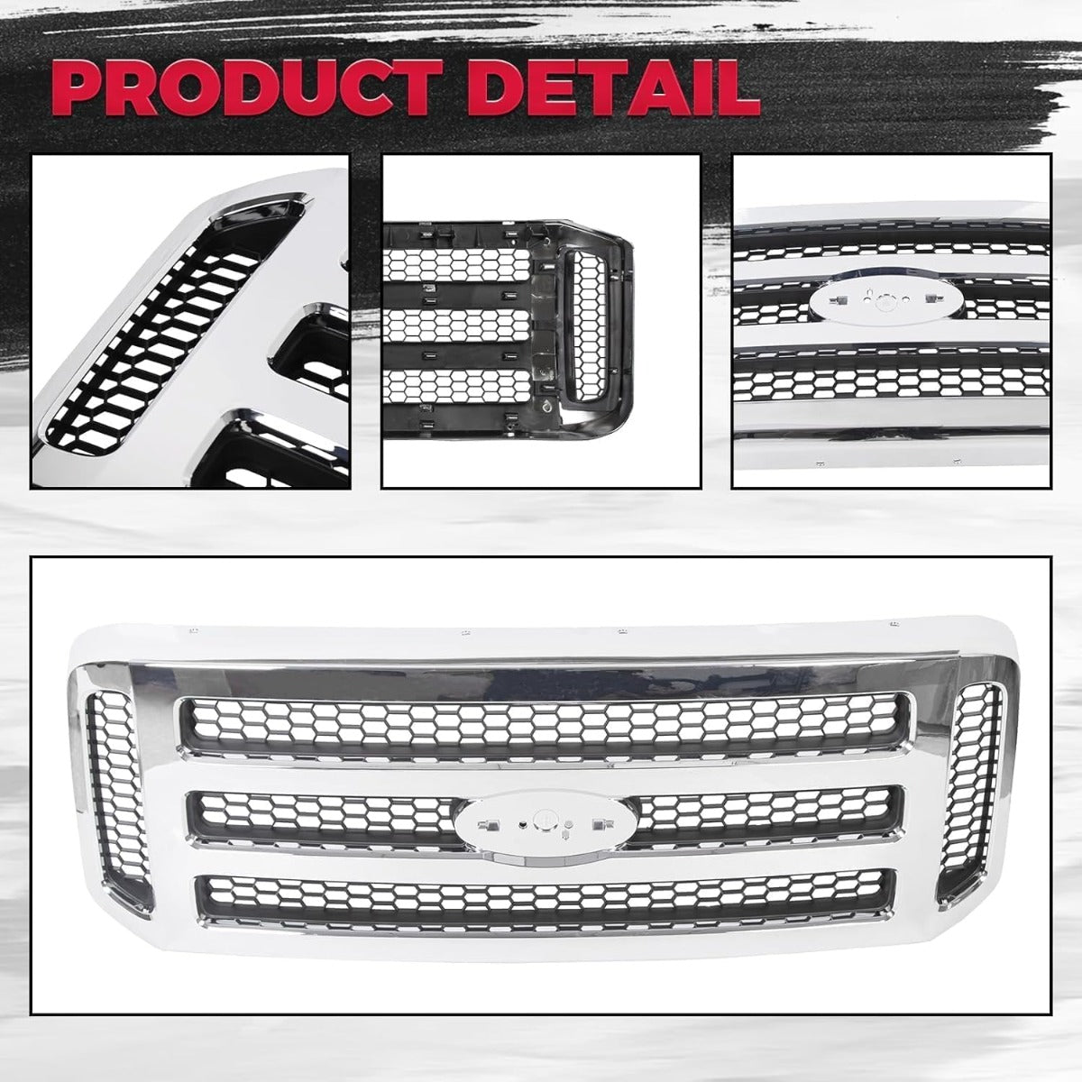 HECASA Front Grille Compatible with 2005-2007 Ford F250 F350 F450 F550 SuperDuty FO1200456 5C3Z8200BAA Upper Bumper Hood Grill W/Gray Honey Comb Chrome