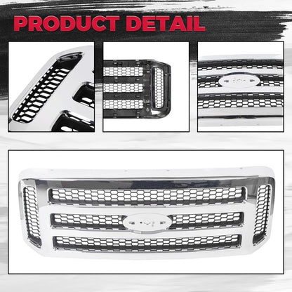 HECASA Front Grille Compatible with 2005-2007 Ford F250 F350 F450 F550 SuperDuty FO1200456 5C3Z8200BAA Upper Bumper Hood Grill W/Gray Honey Comb Chrome