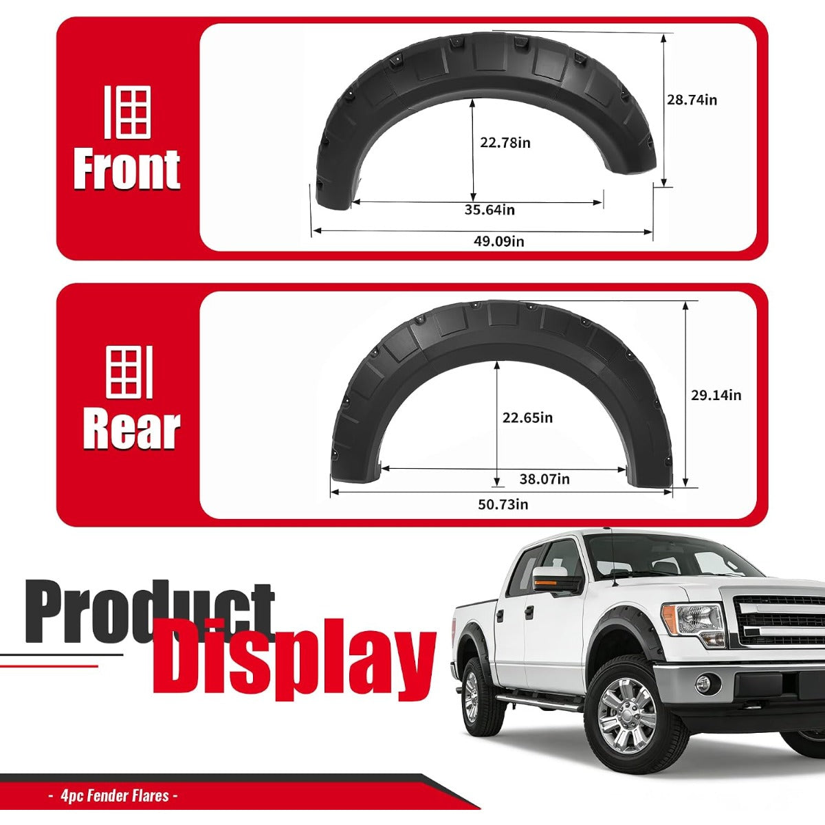 Fender Flares Compatible with 2009-2014 Ford F-150 | Styleside Bed 67.0"/78.8"/97.4", Excludes Platinum & Raptor Models, Pocket Rivet Style, Textured Black, 4PCS