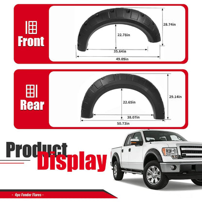 Fender Flares Compatible with 2009-2014 Ford F-150 | Styleside Bed 67.0"/78.8"/97.4", Excludes Platinum & Raptor Models, Pocket Rivet Style, Textured Black, 4PCS