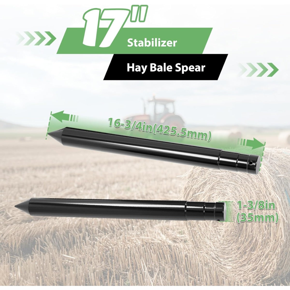 17 Inches Hay Bale Spear Stabilizer for Skid Steer Mount Plate Tractors Loaders Hay Bale Forks Spike Attachment Black Powder Coated Pair 3,000 lb